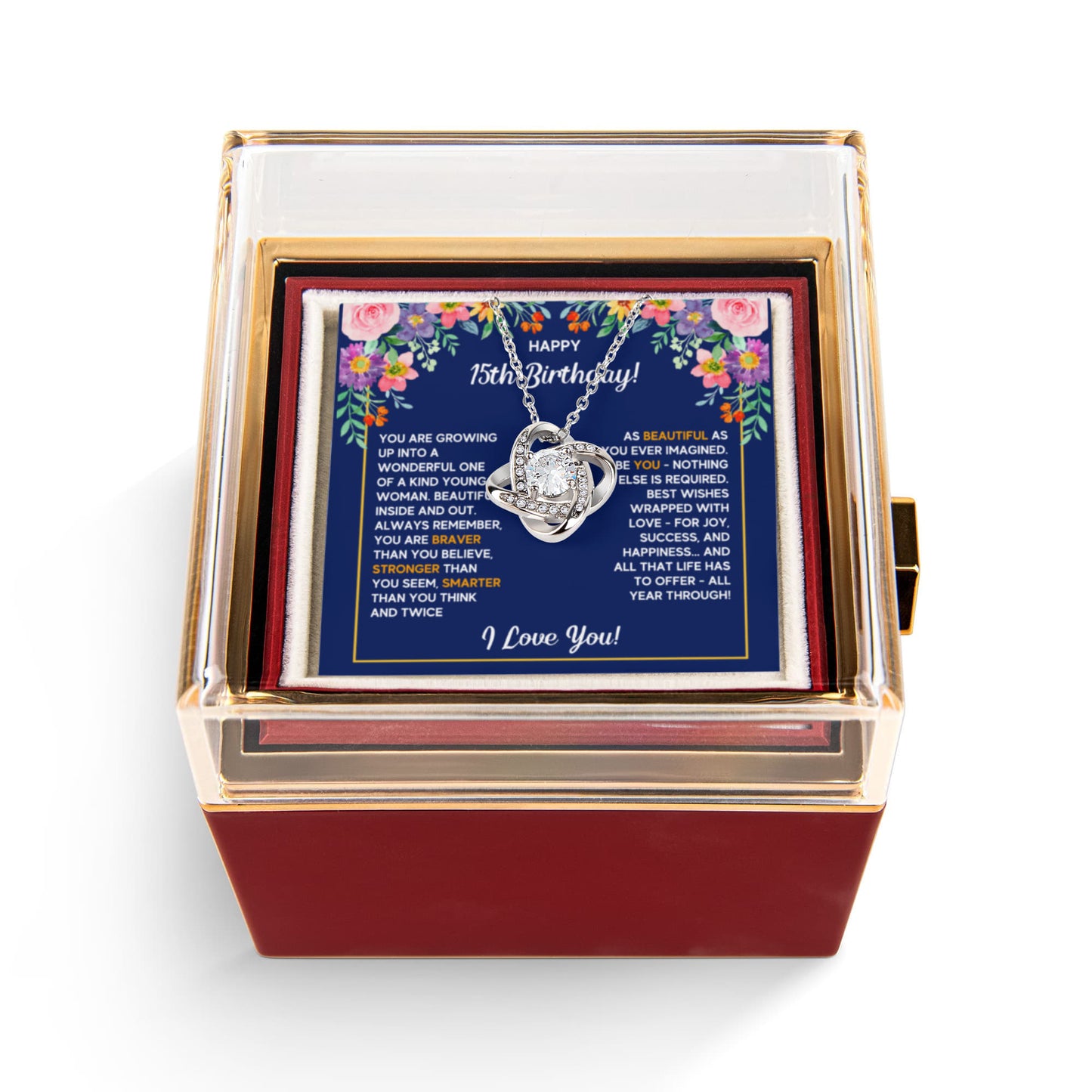 HAPPY 15TH BIRTHDAY WRAPPED LOVE KNOT NECKLACE ROSE BOX GIFT SET