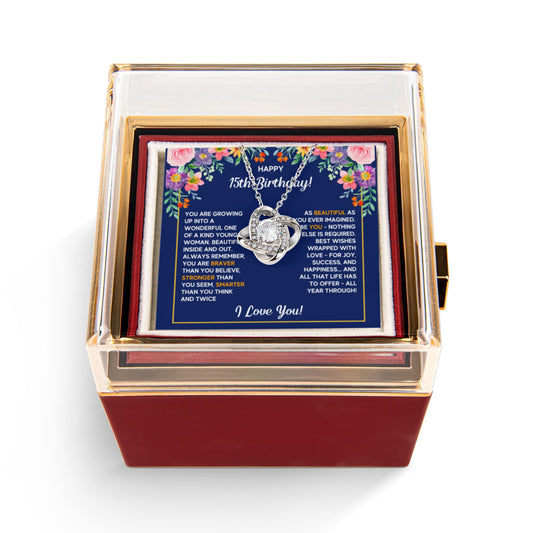 HAPPY 15TH BIRTHDAY WRAPPED LOVE KNOT NECKLACE ROSE BOX GIFT SET