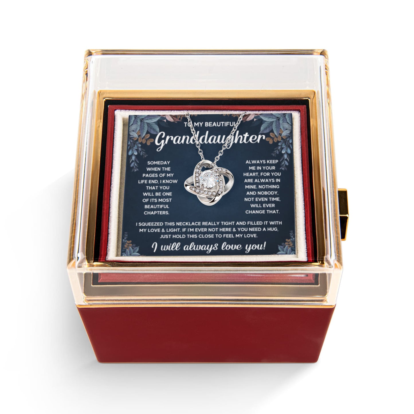 TO MY GRANDDAUGHTER SQUEEZED LOVE KNOT NECKLACE ROSE BOX GIFT SET