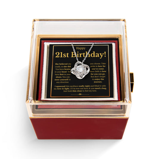 21ST BIRTHDAY SQUEEZED LOVE KNOT NECKLACE ROSE BOX GIFT SET