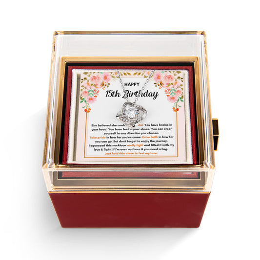 15TH BIRTHDAY SQUEEZED LOVE KNOT NECKLACE ROSE BOX GIFT SET