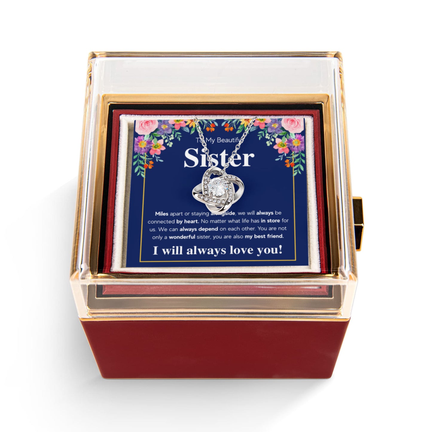 TO MY SISTER CONNECTED LOVE KNOT NECKLACE ROSE BOX GIFT SET