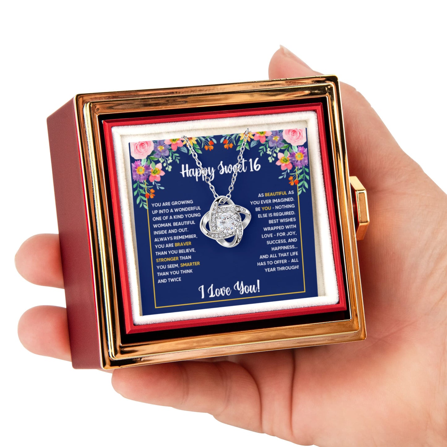 SWEET 16 WRAPPED LOVE KNOT NECKLACE ROSE BOX GIFT SET