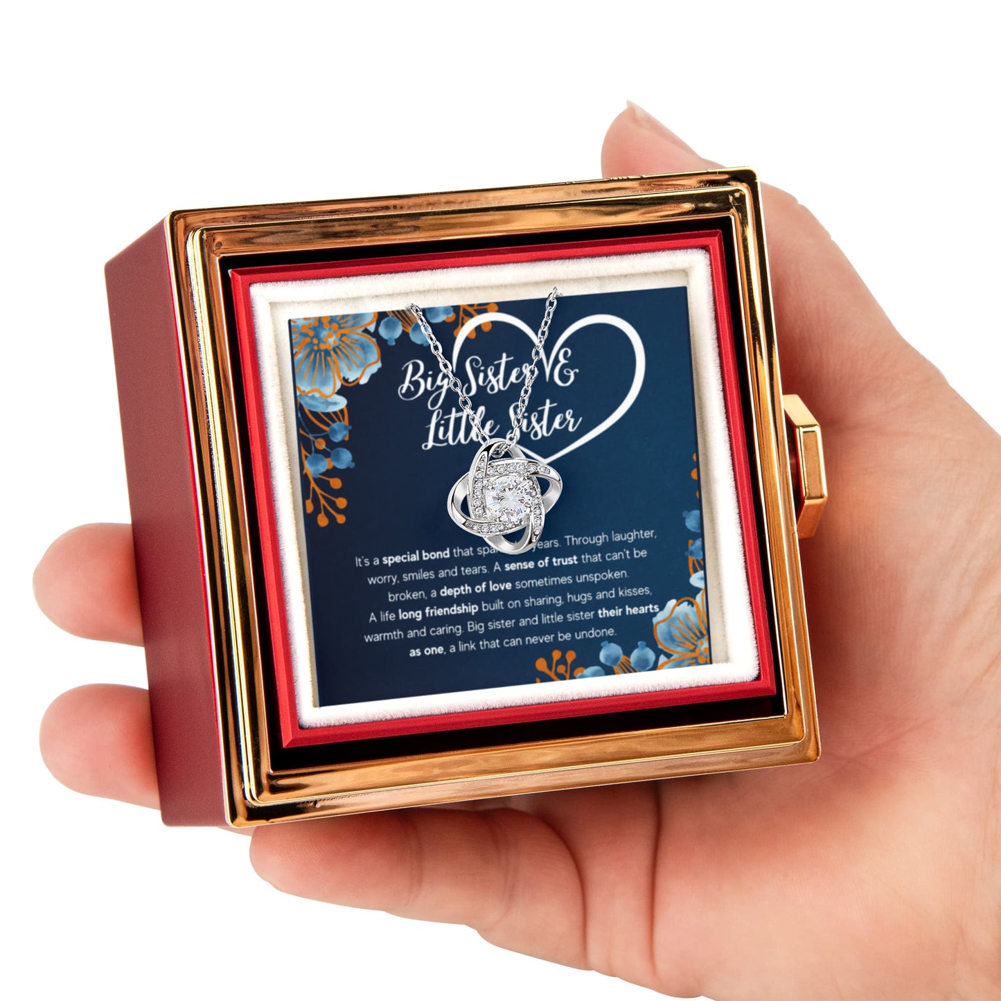 TO MY SISTER BOND KNOT NECKLACE ROSE BOX GIFT SET