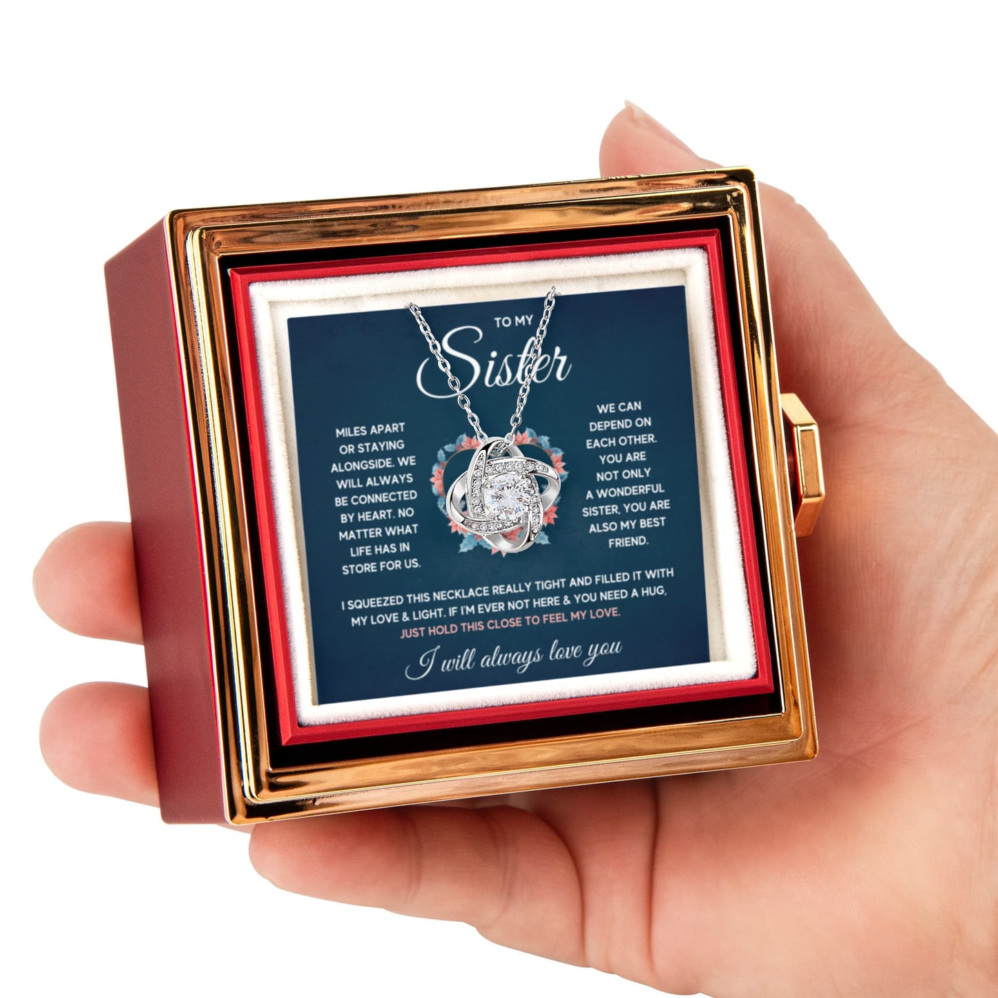 TO MY SISTER SQUEEZED LOVE KNOT NECKLACE ROSE BOX GIFT SET