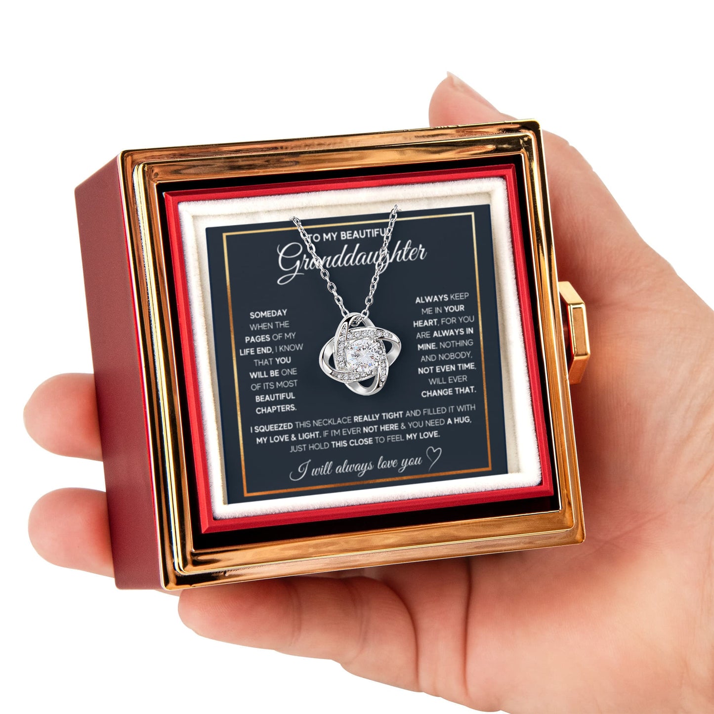 TO MY GRANDDAUGHTER SQUEEZED LOVE KNOT NECKLACE ROSE BOX GIFT SET