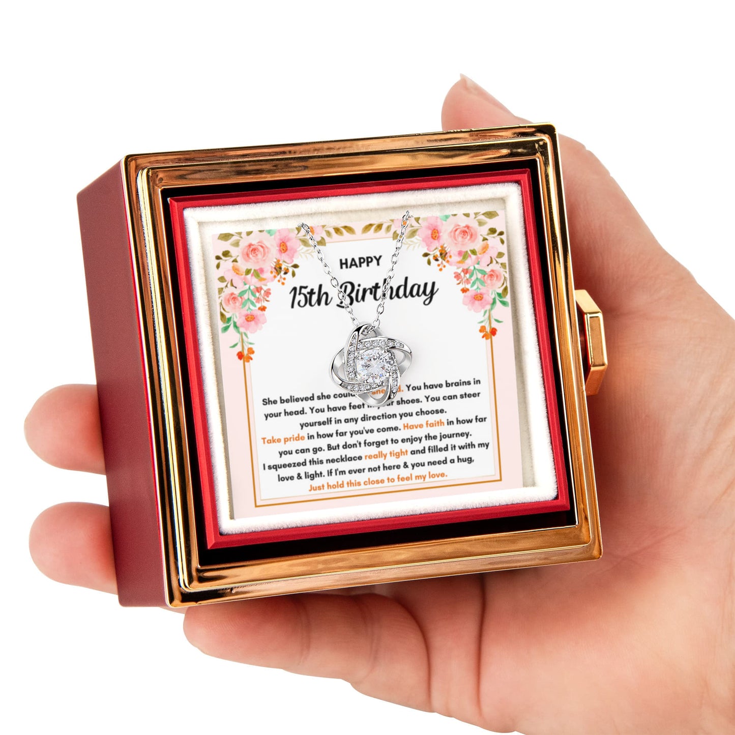 15TH BIRTHDAY SQUEEZED LOVE KNOT NECKLACE ROSE BOX GIFT SET