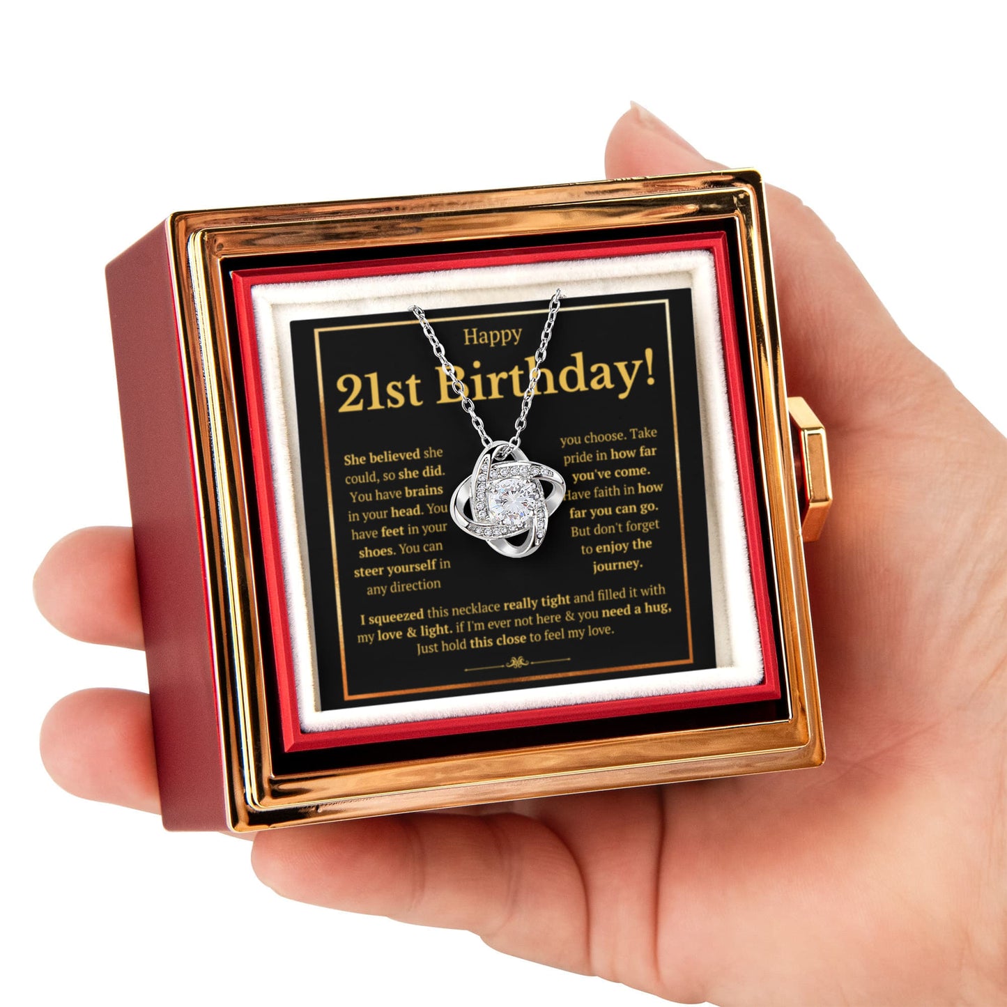 21ST BIRTHDAY SQUEEZED LOVE KNOT NECKLACE ROSE BOX GIFT SET