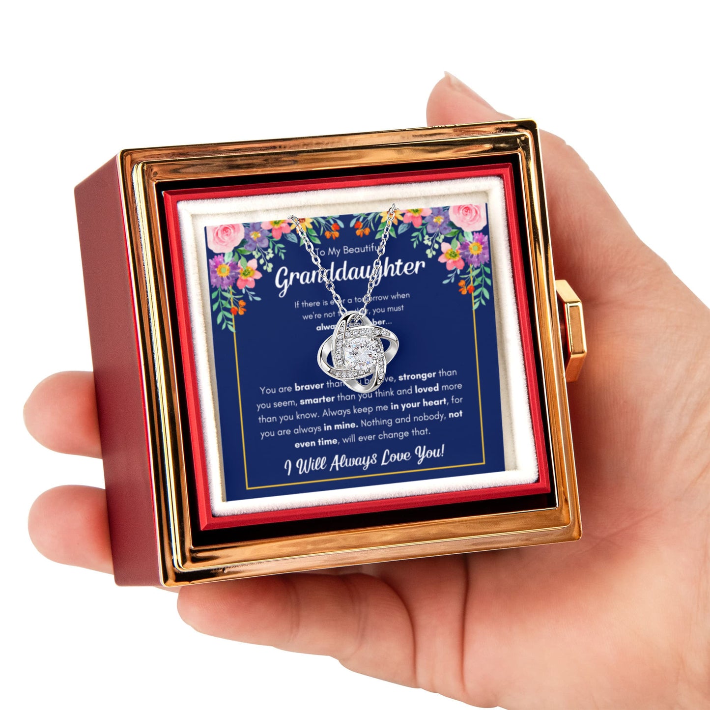 TO MY GRANDDAUGHTER BRAVER LOVE KNOT NECKLACE ROSE BOX GIFT SET