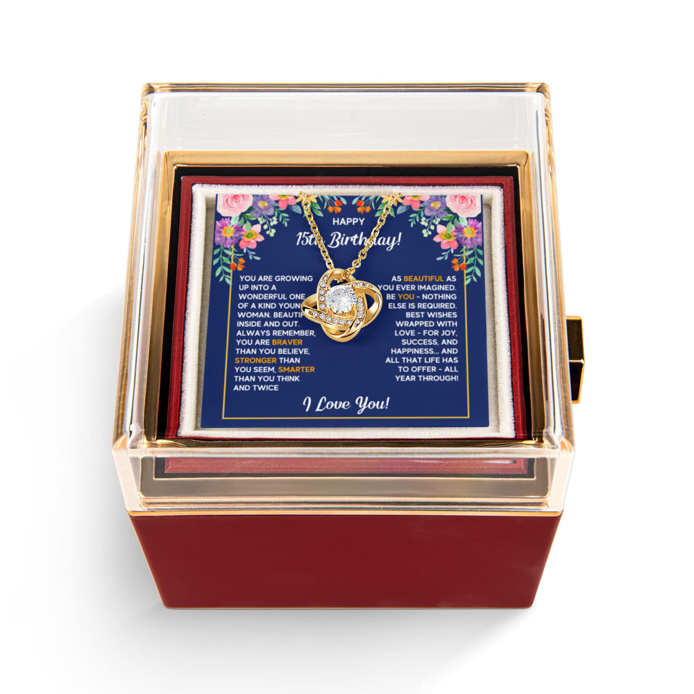 HAPPY 15TH BIRTHDAY WRAPPED LOVE KNOT NECKLACE ROSE BOX GIFT SET
