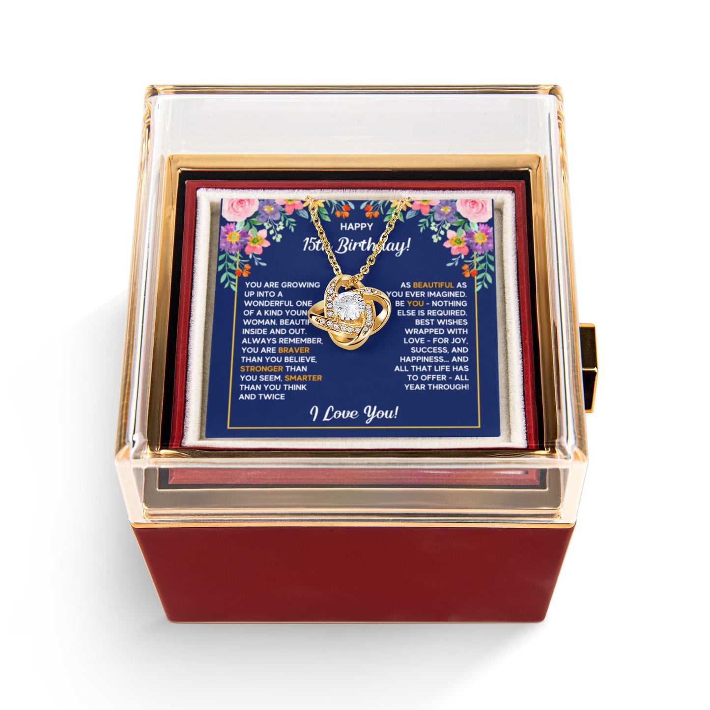 HAPPY 15TH BIRTHDAY WRAPPED LOVE KNOT NECKLACE ROSE BOX GIFT SET