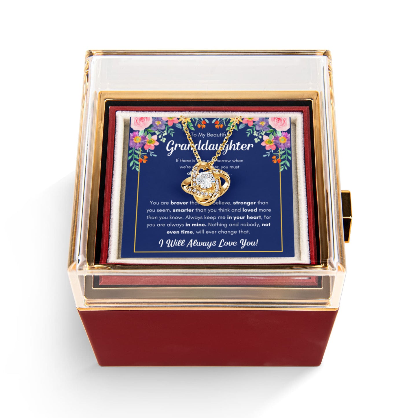 TO MY GRANDDAUGHTER BRAVER LOVE KNOT NECKLACE ROSE BOX GIFT SET