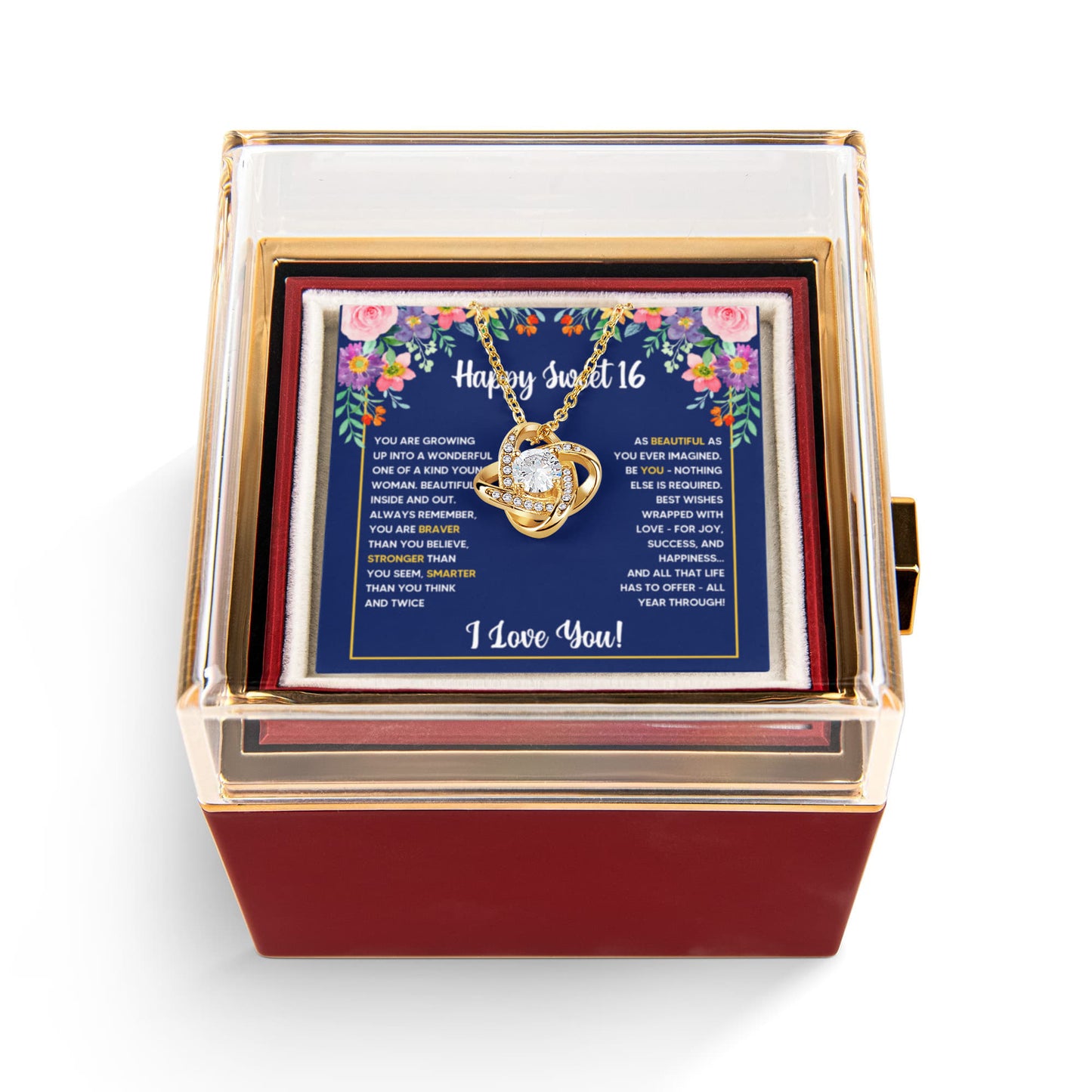 SWEET 16 WRAPPED LOVE KNOT NECKLACE ROSE BOX GIFT SET
