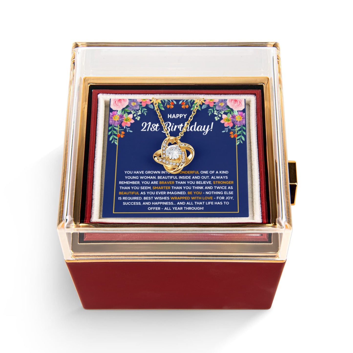 21ST BIRTHDAY WRAPPED LOVE KNOT NECKLACE ROSE BOX GIFT SET