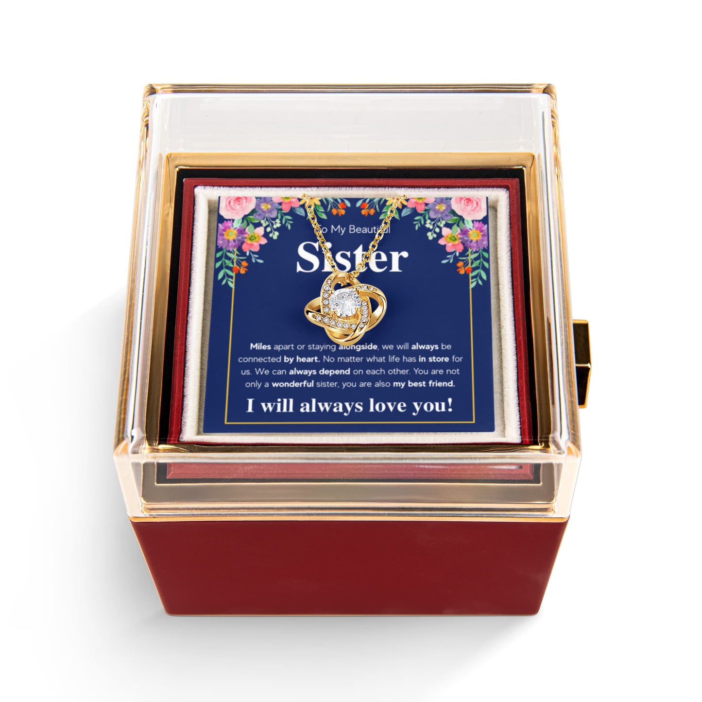 TO MY SISTER CONNECTED LOVE KNOT NECKLACE ROSE BOX GIFT SET