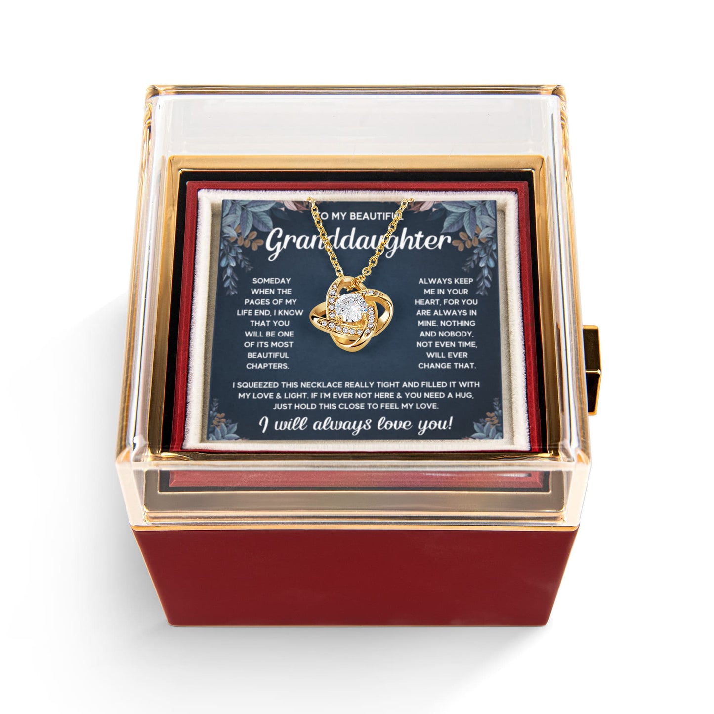 TO MY GRANDDAUGHTER SQUEEZED LOVE KNOT NECKLACE ROSE BOX GIFT SET