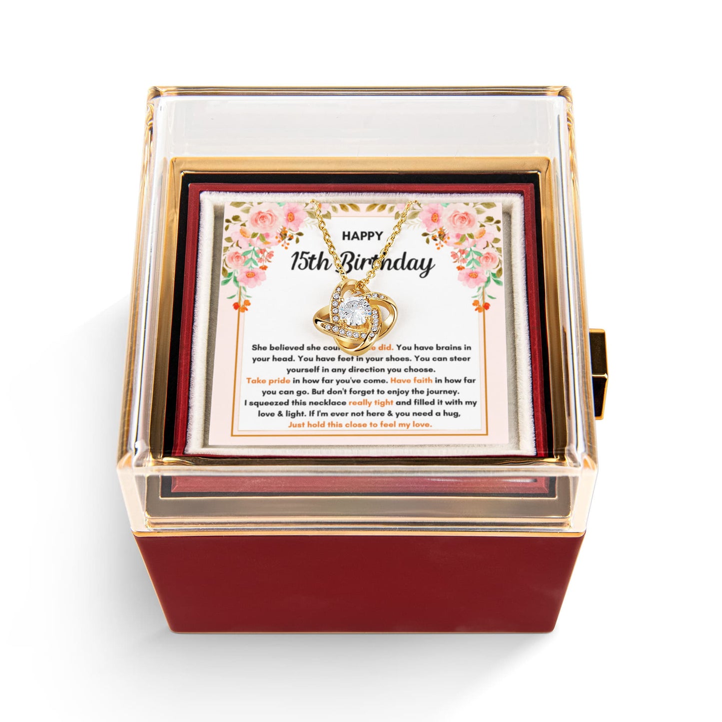 15TH BIRTHDAY SQUEEZED LOVE KNOT NECKLACE ROSE BOX GIFT SET