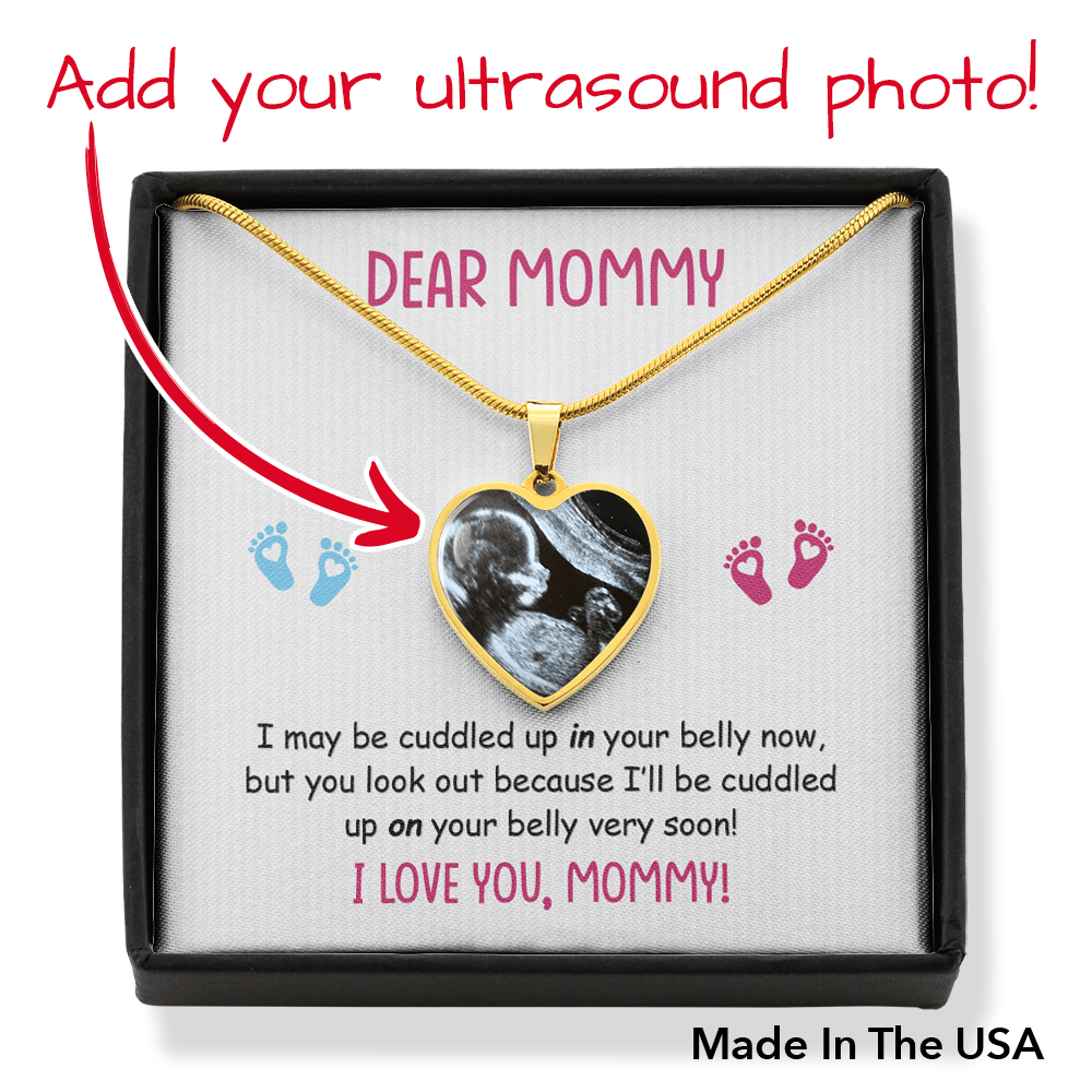 Dear Mommy, Photo Upload Heart Pendant Necklace, Cuddled in Belly