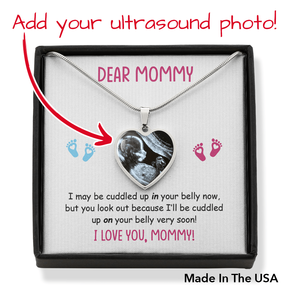 Dear Mommy, Photo Upload Heart Pendant Necklace, Cuddled in Belly