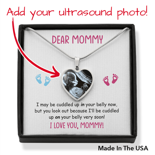 Dear Mommy, Photo Upload Heart Pendant Necklace, Cuddled in Belly