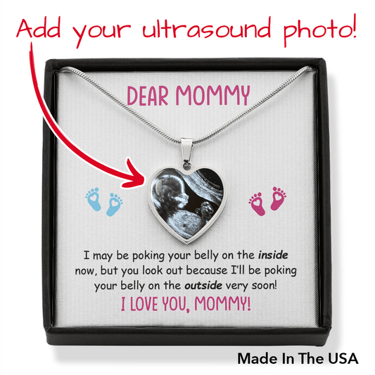 Dear Mommy, Photo Upload Heart Pendant Necklace, Poking Belly