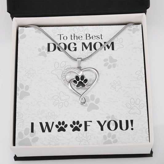 Dog Mom, I Woof You, Pet Paw Heart Necklace