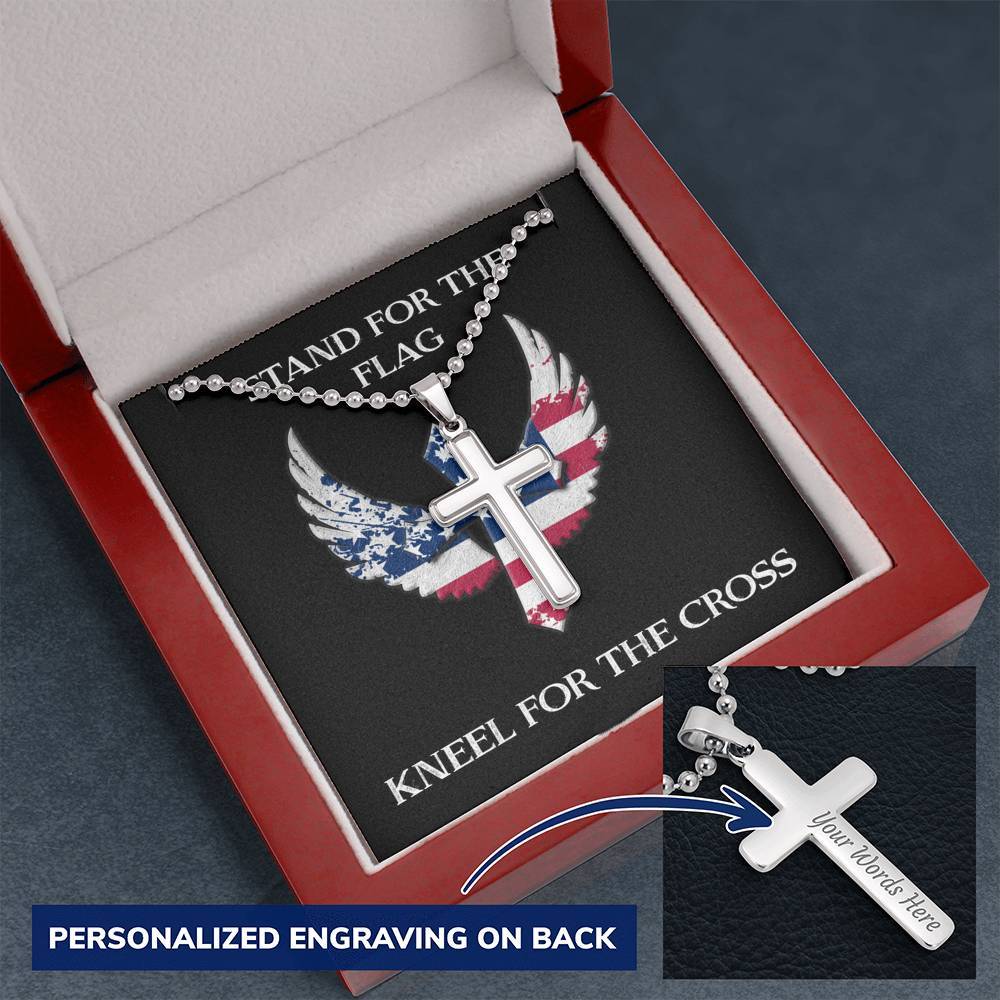 Stand for the Flag Kneel for the Cross, Engraved Cross Necklace