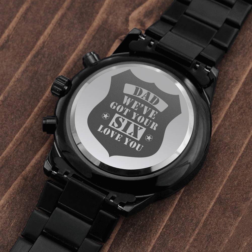 Men's Engraved Watch, We've Got Your Six, Charcoal Black, Gift Watch