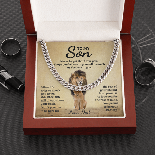 TO MY SON THIS OLD LION CUBAN LINK CHAIN NECKLACE GIFT SET