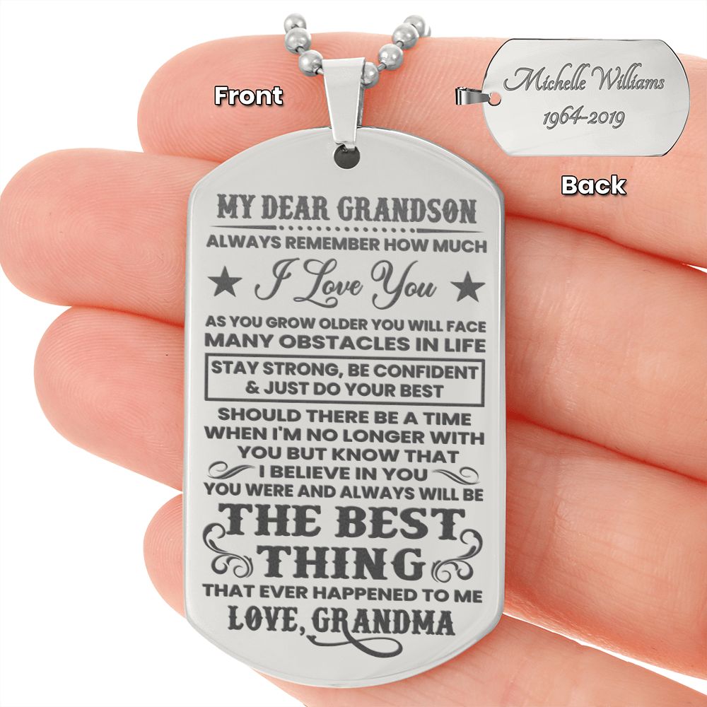 Grandson - Strong & Confident - Engraved Dog Tag Necklace