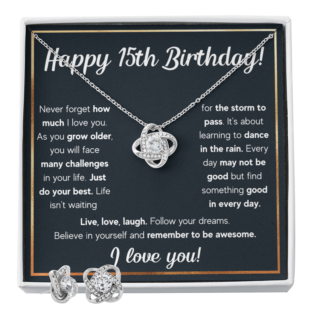 HAPPY 15TH BIRTHDAY RAIN LOVE KNOT NECKLACE AND EARRINGS SET