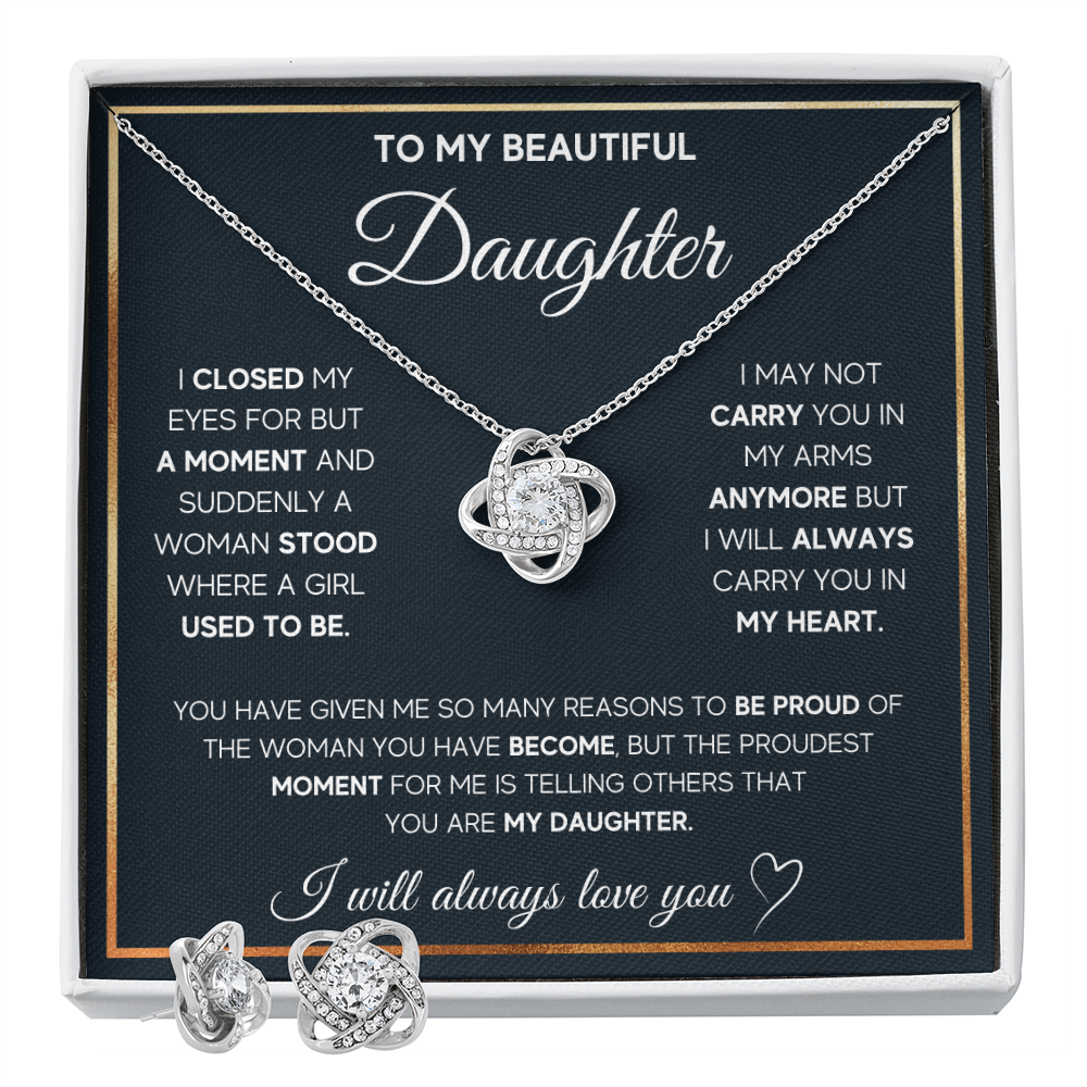 TO MY DAUGHTER PROUD LOVE KNOT NECKLACE AND EARRINGS SET