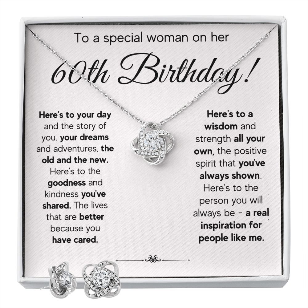 60TH BIRTHDAY WISDOM LOVE KNOT NECKLACE AND EARRINGS SET