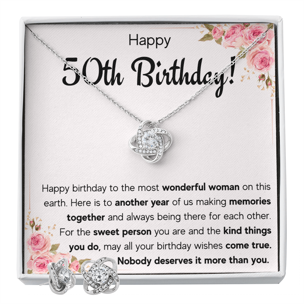 50TH BIRTHDAY MEMORIES LOVE KNOT NECKLACE AND EARRINGS SET