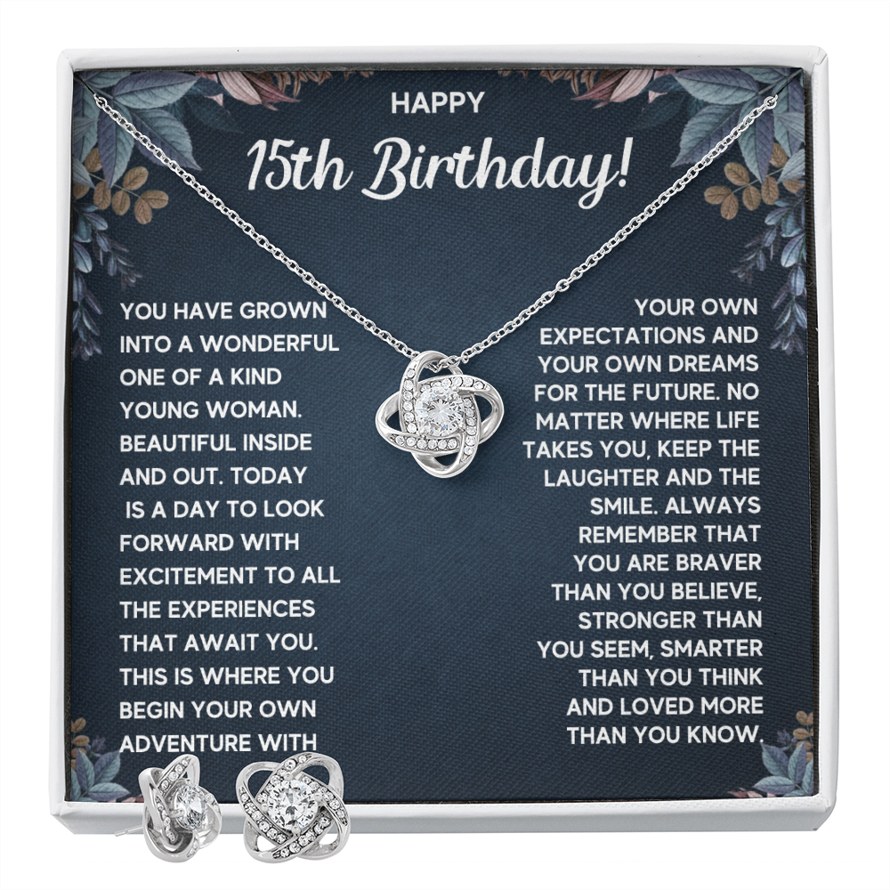 HAPPY 15TH BIRTHDAY DREAMS LOVE KNOT NECKLACE AND EARRINGS SET