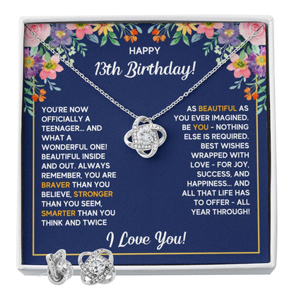 13TH BIRTHDAY WRAPPED LOVE KNOT NECKLACE AND EARRINGS SET