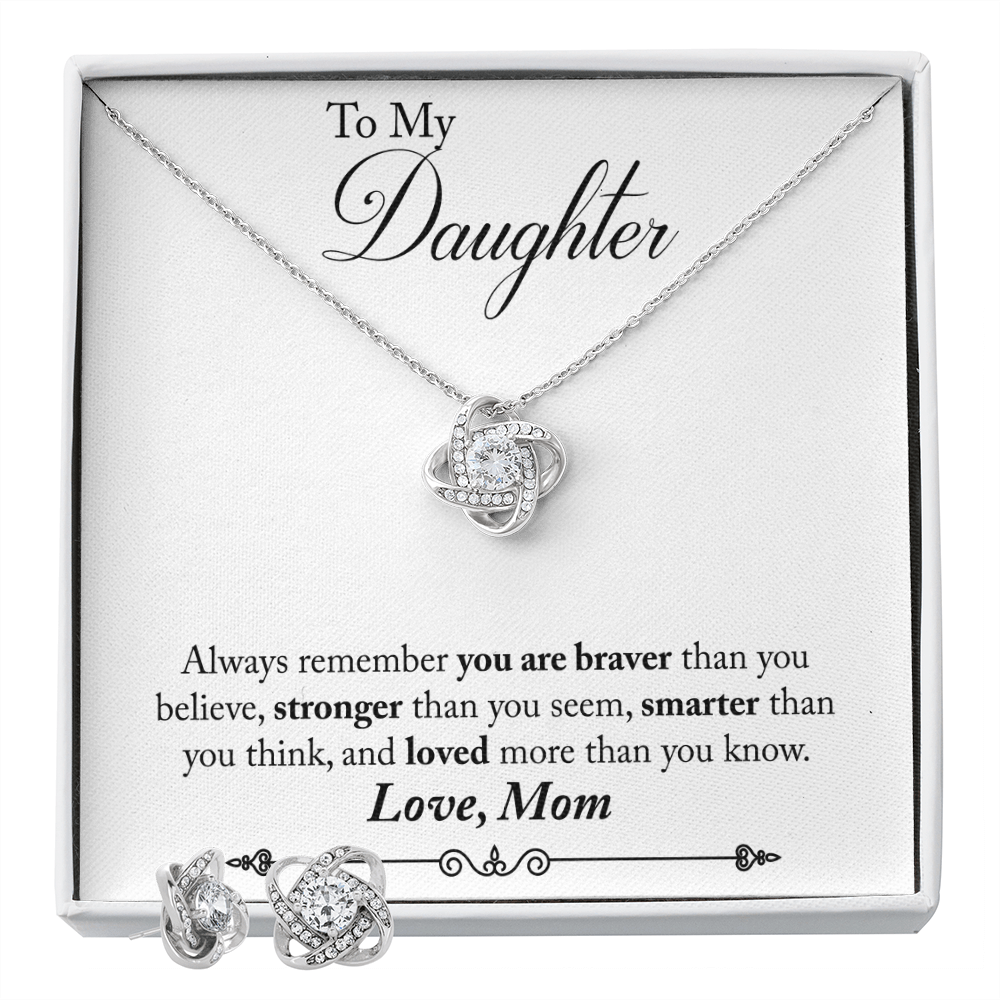 TO MY DAUGHTER BRAVER LOVE KNOT NECKLACE AND EARRINGS SET