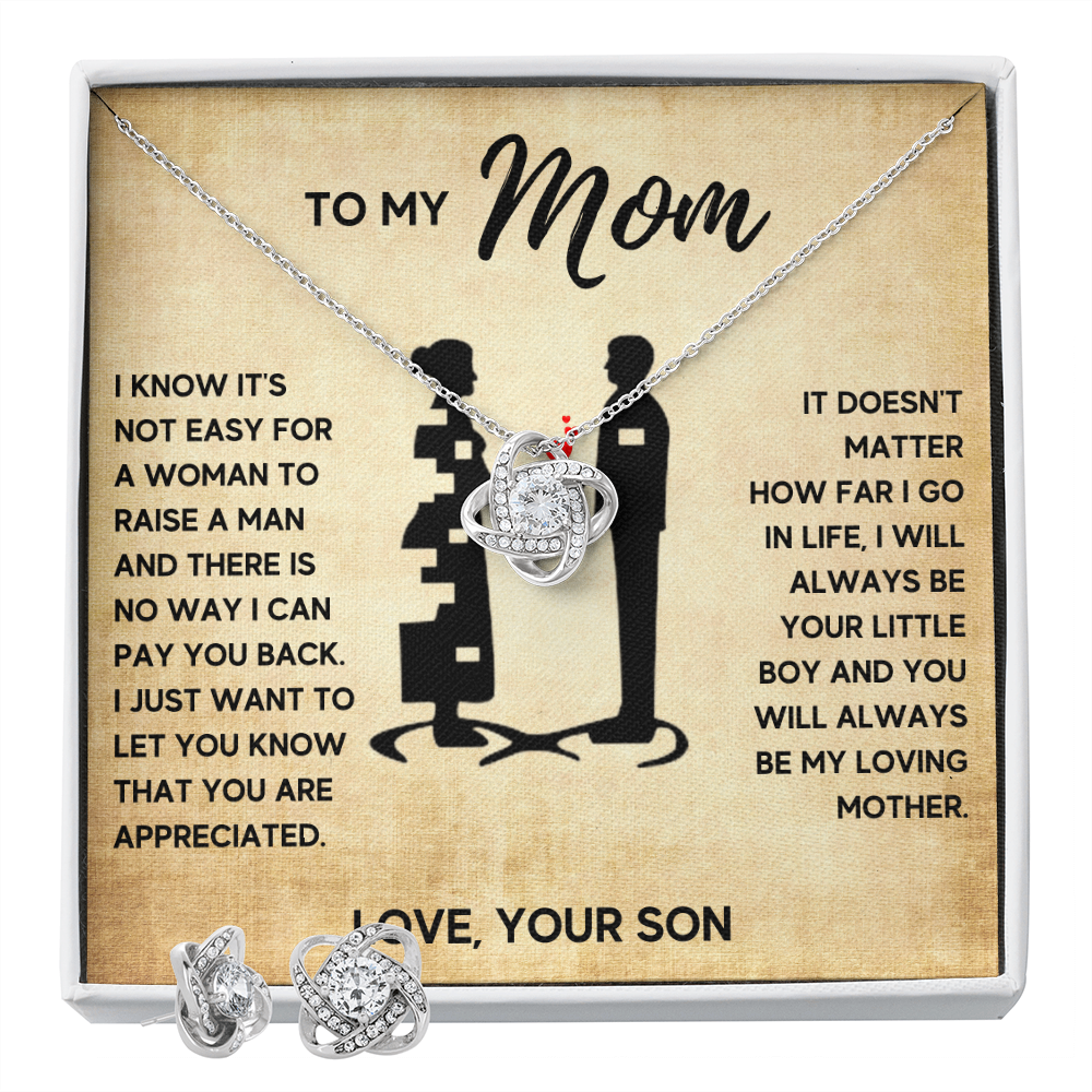 TO MY MOM LITTLE BOY LOVE KNOT NECKLACE AND EARRINGS SET