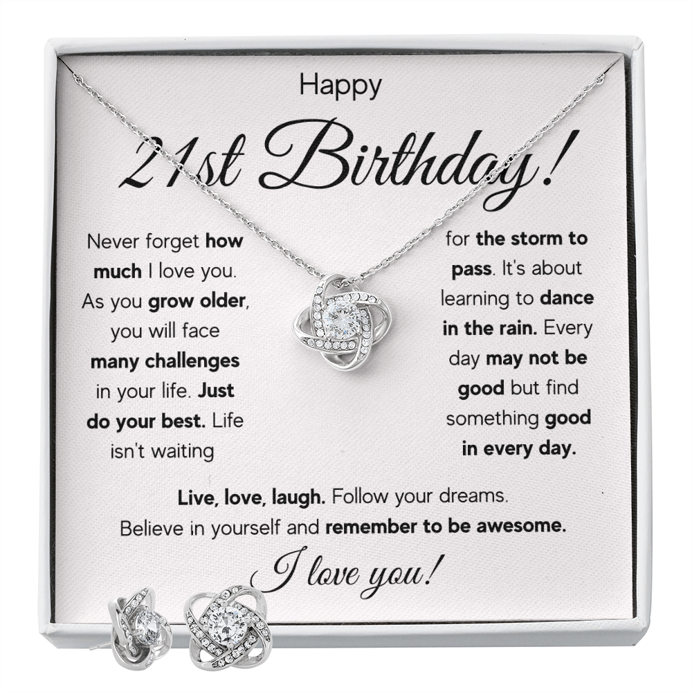 21ST BIRTHDAY RAIN LOVE KNOT NECKLACE AND EARRINGS SET