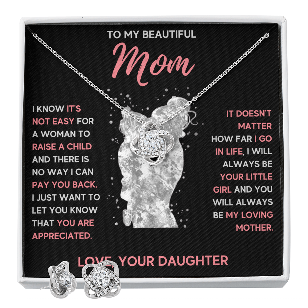 TO MY MOM LITTLE GIRL LOVE KNOT NECKLACE AND EARRINGS SET