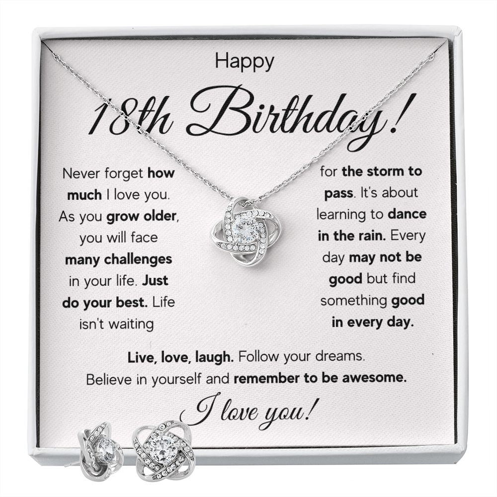 18TH BIRTHDAY STORM LOVE KNOT NECKLACE AND EARRINGS SET