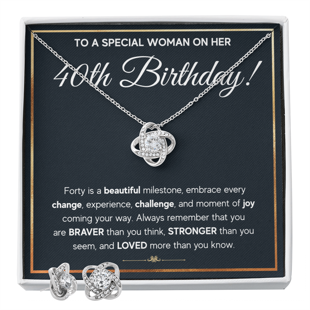 40TH BIRTHDAY MILESTONE LOVE KNOT NECKLACE AND EARRINGS SET
