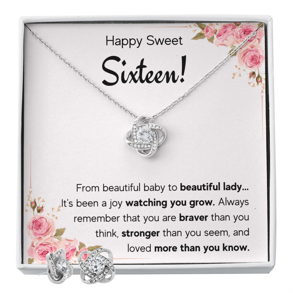 HAPPY SWEET SIXTEEN JOY LOVE KNOT NECKLACE AND EARRINGS SET