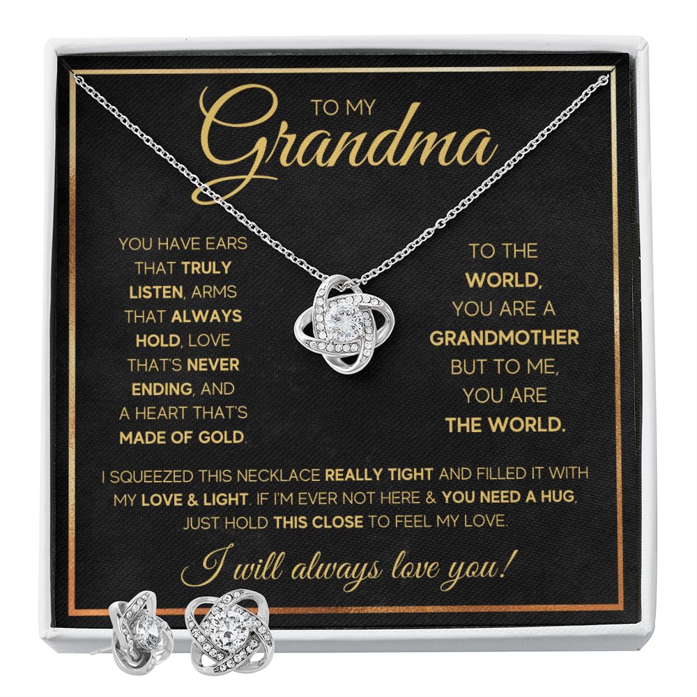 TO MY GRANDMA NEVER ENDING GOLD LOVE KNOT EARRING NECKLACE GIFT SET