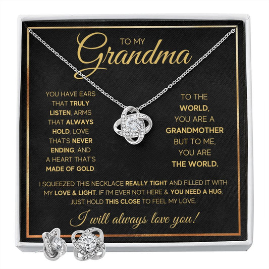 TO MY GRANDMA NEVER ENDING GOLD LOVE KNOT EARRING NECKLACE GIFT SET