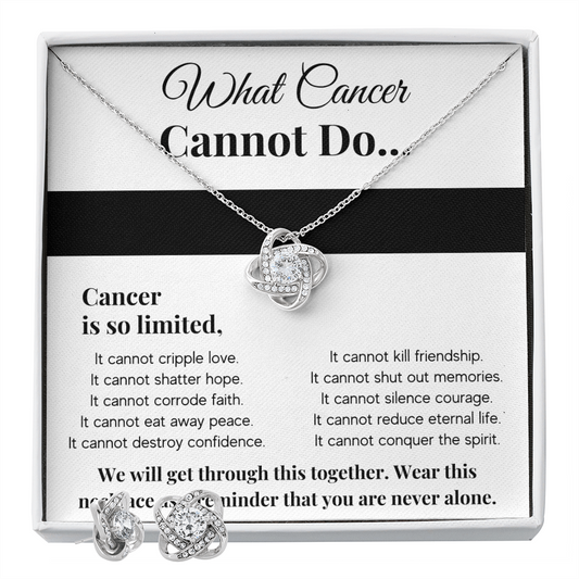 WHAT CANCER CANNOT DO LOVE KNOT NECKLACE AND EARRINGS