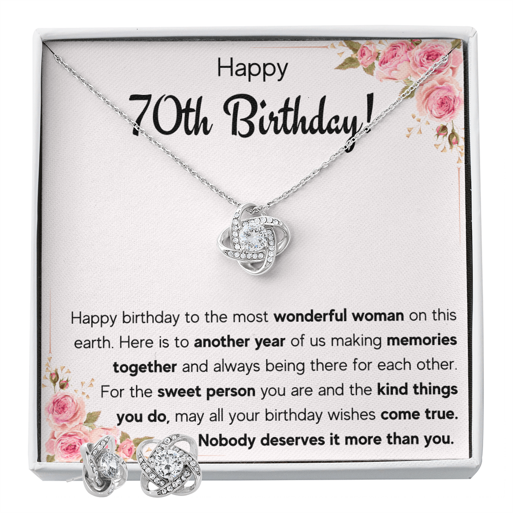 70TH BIRTHDAY MEMORIES LOVE KNOT NECKLACE AND EARRINGS SET