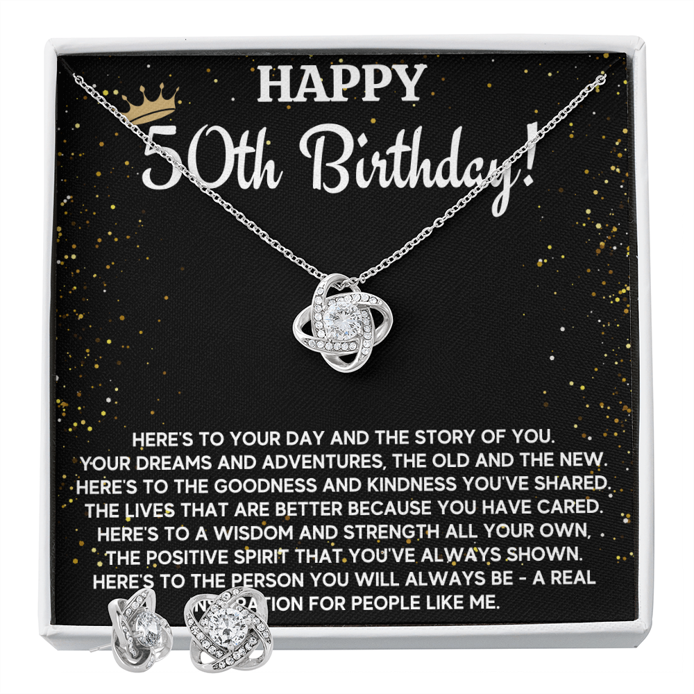 50TH BIRTHDAY WISDOM LOVE KNOT NECKLACE AND EARRINGS SET