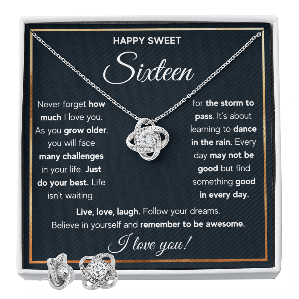 HAPPY SWEET SIXTEEN RAIN LOVE KNOT NECKLACE AND EARRINGS SET