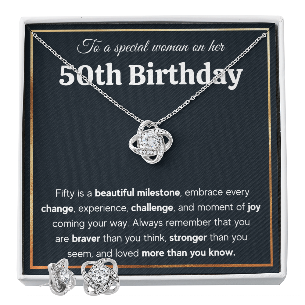 50TH BIRTHDAY MILESTONE  LOVE KNOT NECKLACE AND EARRINGS SET